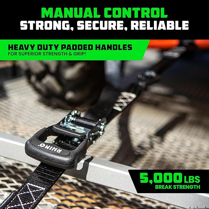 Rhino USA Ratchet Straps Heavy Duty Kit (4-Pack) - 1.6 Inch x 8 Feet Min Break Strength (5,000) - Ultimate Tie Down Straps with Safety S Hooks for Trucks, ATV, UTV, Motorcycle, Cargo & More - Black