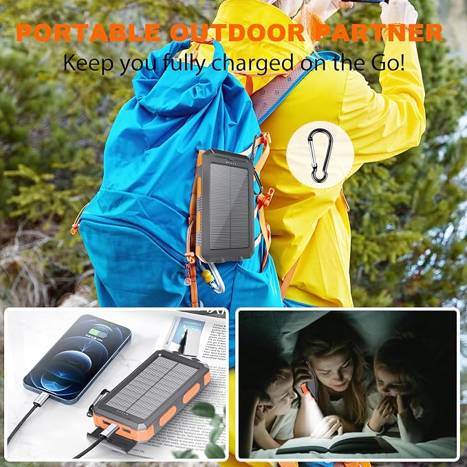 Solar Power Bank 20000mAh, 4 Built-in Cables, Portable Phone Charger
