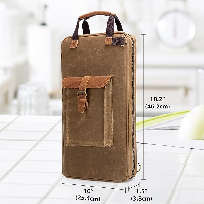 Damero Chef Knife Bag, Waxed Canvas Chef Storage Bag with 11 Slots and 2 Mesh Pockets, Knife Carrier Travel Knife Bag with Top Handles and Detachable Shoulder Strap for Kitchen Tools & Chef Utensils
