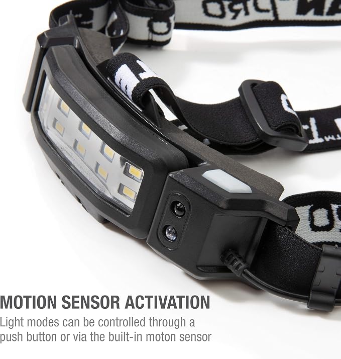 Steelman Pro Slim Profile LED Motion-Sensing Headlamp with Rear Safety Flasher, 3 Brightness Settings, 20m Beam, Water-Resistant, 3 AA Batteries
