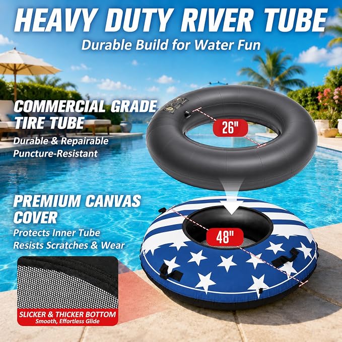 ZEALFEEL River Tube, 48'' Heavy Duty Rubber River Float Tube with Commercial Grade Inner Tube, Premium Canvas Cover, Removable Cup Holder & Tow Strap, Inflatable Tube for Adults Lake Pool Floating