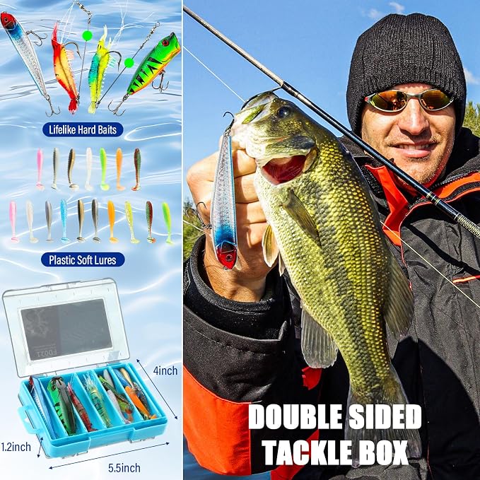 Patelai Fishing Gift Set for Men Dad Fishermen, 12 oz Insulated Tumbler, Fillet Knife, Fishing Pliers, Lanyard, Tackle Box, Fish Lip Gripper, Fish Lures, Socks, Line(Blue,Style 1)