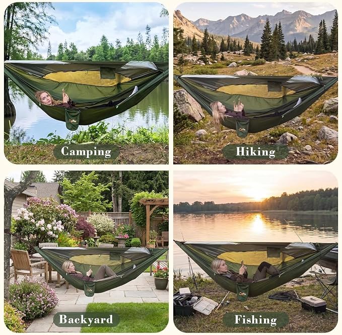 CYFIE Camping Hammock with Net, 440 lbs Portable Hammock with Tree Straps and D-Shape Carabiners, Parachute Nylon Hammock for Outsides Backpacking Hiking Beach Patio