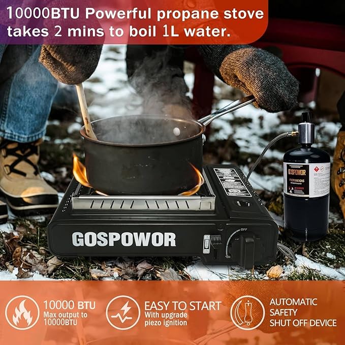 Propane or Butane Stove with Windblocker,Dual Fuel 10,000 BTU Propane Stove for Camping, Automatic Ignition Gas Portable Stove with Propane Adapter Hose Carrying Case for Outdoor (Fuel Not Included)
