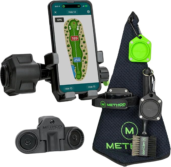 Method Golf RiderStack Tour Pack – Magnetic Golf Cart Phone Holder & Gear Hub with Magnetic Rangefinder Strap, Towel, Club Brush – Premium Accessories, Fits EZGO, Club Car & Yamaha