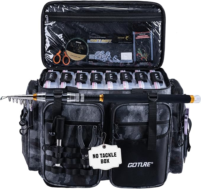 Goture Large Tackle Bag,Store Up to 8PCS 3700 Plus 4PCS 3600 Tackle Trays(Not Included),Water Resistant Saltwater Gear Storage Big Fishing Bag with EVA Bottom,Gifts for Men(21.65"x11.8"x15.16")