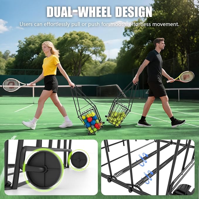 Tennis & Pickleball Hopper with Wheels – Ball Pick Up Basket, Pickleball Ball Retriever Ball Holder Storage Holds 75 Tennis Balls & 50 Pickleballs