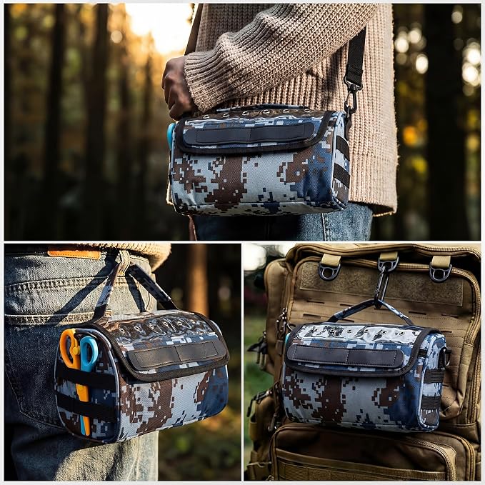 2 Pcs Fishing Line Management Bag Waterproof Nylon Fishing Line Storage Bag Transparent Window Removable Divider Leader Lines Spool Organization, Camouflage Blue