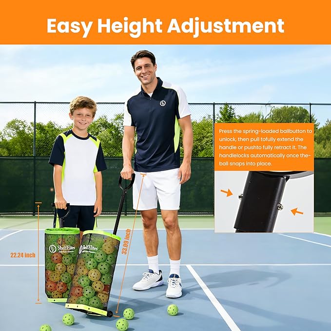 Tennis Ball Hopper with Telescopic Handle - Holds 50+ Tennis Balls or 40+ Pickleballs, Portable Tennis Ball Picker with Quiet Wheels，Built for Hard Courts & Daily Practice