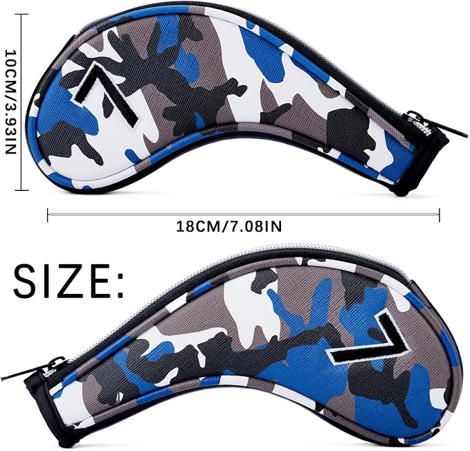 Golf Club Camo Zipper Iron Head Covers 9Pcs/Set With No. on Both Sides PU Leather Headcovers (Blue/Brown)