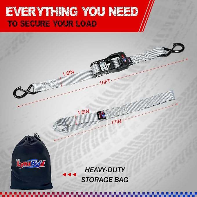 Ratchet Tie Down Straps, 5280lbs Break Strength, 1.6" x 16' Heavy Duty Ratchet Tie Down Strap Set with Padded Handles, Coated S Hook, Soft Loop for Trucks, ATV, UTV, Motorcycle, Cargo & More - Gray