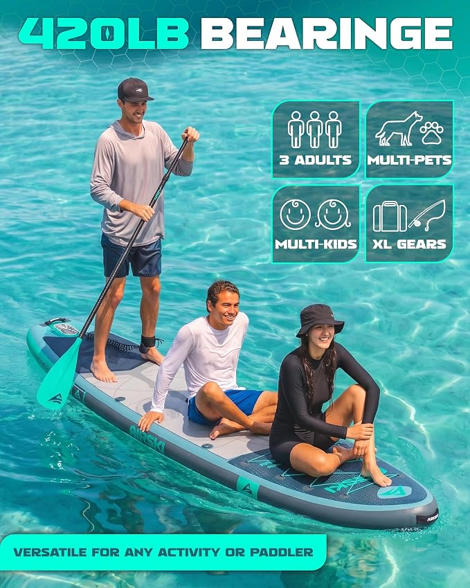 11'x34'' Extra Wide Inflatable Paddle Board, Stand-up Paddleboard for Adults, 420lb Capacity, Anti-Slip EVA, Stand-up Paddle Board for Yoga/Fishing/Family, US Fin, High-Pressure Pump, 100L Bag