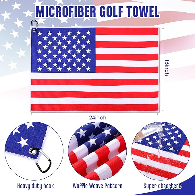 Batiyeer 3 Pack American Flag Golf Towels Independence Day Caddy Towels Gifts Large 16 x 24 Waffle Pattern with Carabiner Clip, Ultra-Absorbent Golf Gear for Men Fourth of July Gifts, Red Blue White