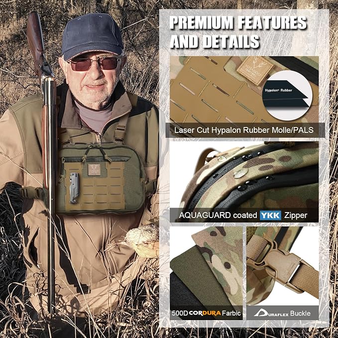 VOTAGOO GEAR Tactical Chest Rig Bag, 3L Utility Hypalon Molle Chest Rig With Map Pocket 500D Cordura Chest Bag for Hunting Workouts (Multicam)
