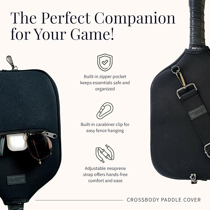 Posh Pickler Crossbody Neoprene Pickleball Bag - Paddle Cover with Adjustable Strap, Built-in Pocket for Essentials, Carabiner Fence Clip, Add-On Ready D-Rings, and Durable Design for Everyday Use