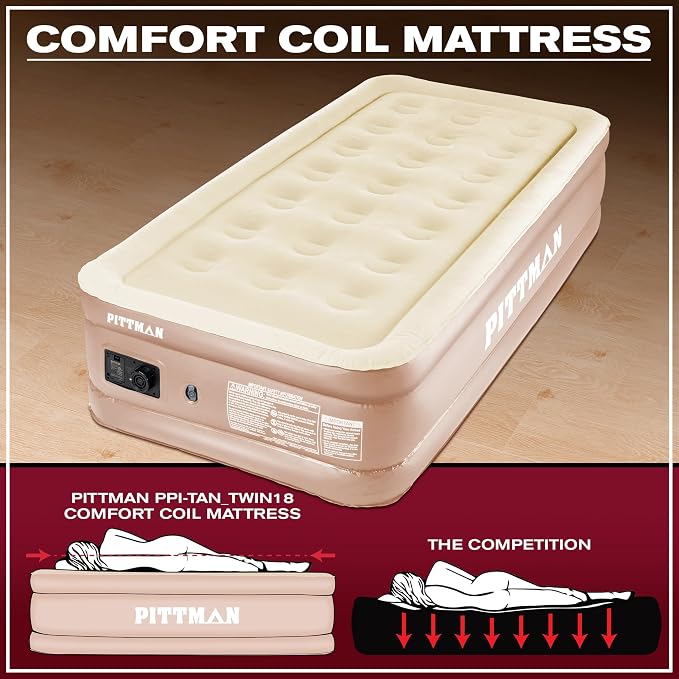 Pittman Outdoors Twin Air Mattress – 18” Tan Double High Design – Twin Size Mattress with Built-In Pump – Luxury Raised Sleeping Surface, 300lb Capacity, Quick Inflation, Ideal for Guest Bed & Travel