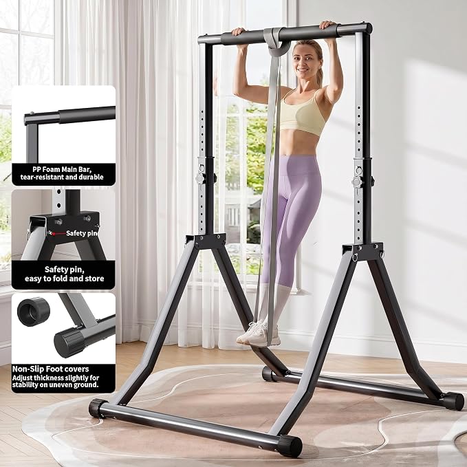 Foldable Power Tower Dip Station for Pull Ups, 58.3"-76.8" 12 Level 700 LBS, Adjustable Dip Handles & Assistance Bands Foldable Home Gym Equipment