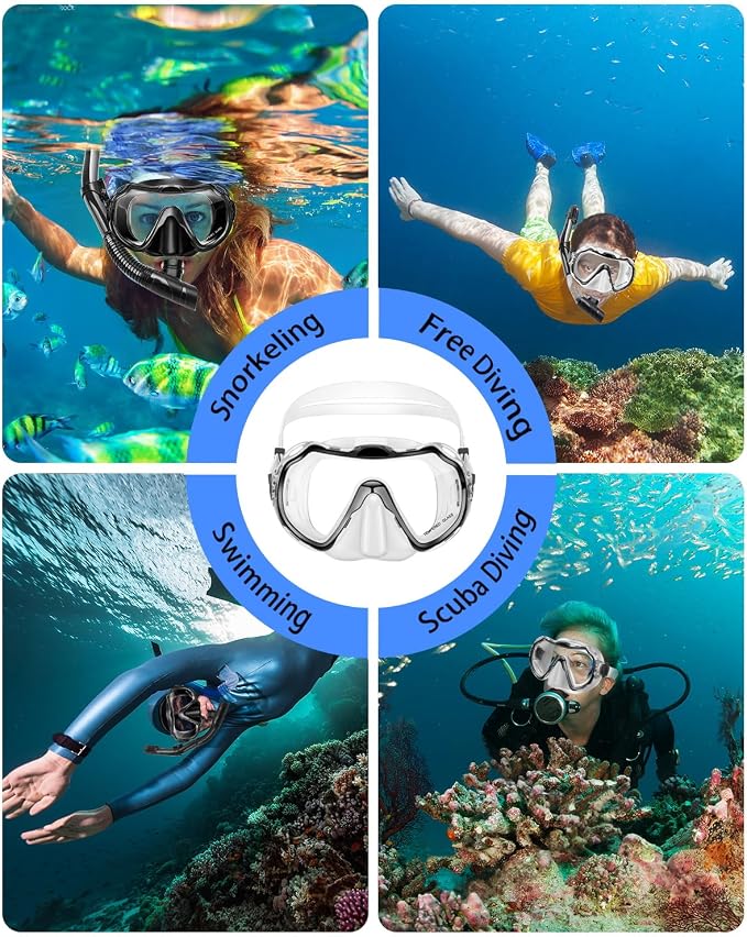 Snorkeling Gear for Adults, Adult Snorkel Set with Panoramic Anti-Leak and Anti-Fog Tempered Glass Snorkel Mask, Dry Top Snorkel, Snorkle Mask Set Adult with Mesh Bag Ear Plug for Snorkeling