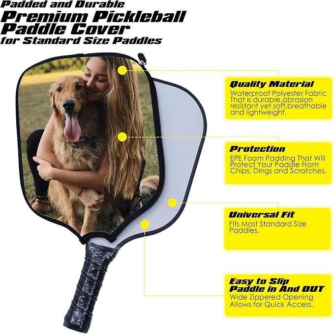 Custom Padded Pickleballs Paddle Cover with Photo Text Logo, Personalized Neoprene Cover Paddles Case Customize Rackets Cover, Fits Most Paddles, 8.5x11.5 Inches