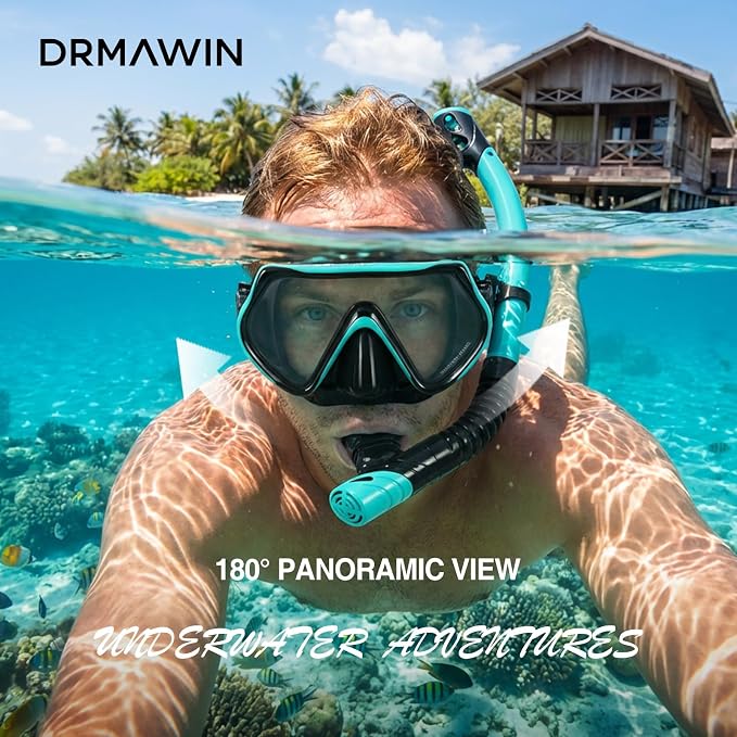 DRMAWIN Snorkeling Gear for Adults & Kids, Dry-Top Snorkel Set with 180° Tempered Glass Mask, Anti-Fog Anti-Leak, Travel Mesh Gear Bag