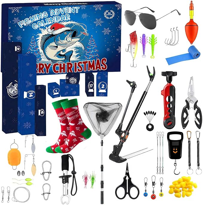 Fishing Advent Calendar 2025 for Men & Teen Boys – 24-Day Christmas Countdown Calendar with Fishing Tools, Lures & Accessories – Fish Lip Gripper, Xmas Gift for Son, Husband, Boyfriend, Brother, Girl