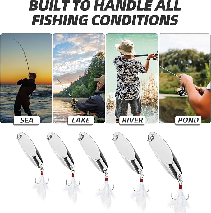 Jigging Spoon Fishing Lures 20/40PCS Kit – Metal Casting Spoon Lure Set with Treble Hooks, Mixed Sizes Spinner Baits for Saltwater & Freshwater Trout, Salmon, Bass