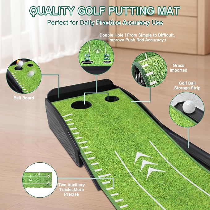Losbenco Putting Green Indoor Golf Set with Putter & 6 Balls, Portable Golf Putting Practice Mat with Auto Ball Return System Suitable for Office, Backyard, Patio, Golf Gift for Men