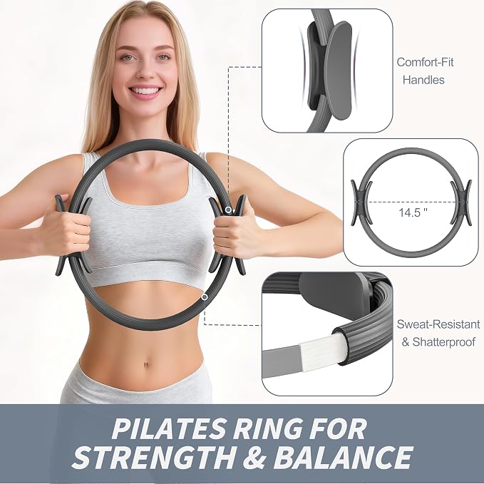 NANATI Pilates Kit, Home Pilates Workout Kit for Women, Pilates Equipment with 14.5" Pilates Ring and Ball, Resistance Bands, Ankle Weights, Sliders & Grip Socks for Home Workouts