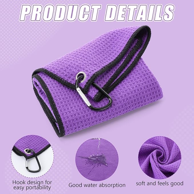 Batiyeer 30 Pcs Golf Towels Bulk for Bags 16'' x 16'' Microfiber Fabric Golf Towel with Clip Waffle Pattern for Men Mini Tournament Fitness Yoga Camping (Purple)