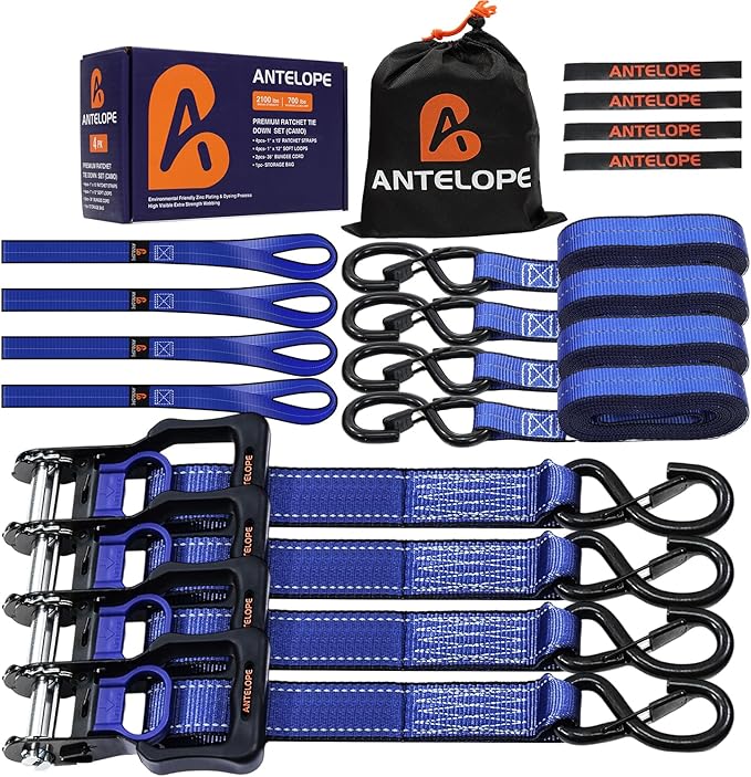 Ratchet Tie Down Straps Set, 2100 LBS Breaking Strength, 4 Pack 1" x 15' Heavy Duty Ratchet Straps, Cargo Strap, Motorcycle Straps for Trucks, Bicycle, Kayak, Moving, Tie Downs with S Hooks, Blue