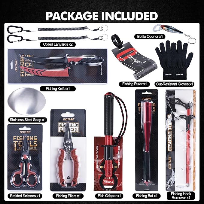 Goture Fishing Tool Kit,Fishing Pliers,Fillet Knife with Sheath,Fish Lip Gripper,Fish Hook Remover,Lanyard,Line Scissors,Sharpener,Stainless Steel Soap,Saltwater Gear Kit,Red/Pink,Gifts for Men/Women