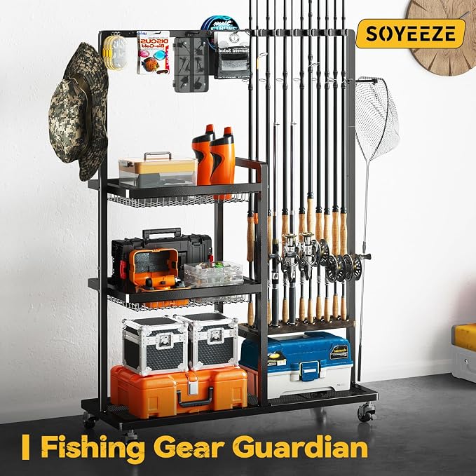 SOYEEZE Fishing Rod Holders for Garage, Fishing Pole Rack-360 Degree Rotating, Floor Stand Fishing Rod Storage Holds Up to 12 Rods, Space-Saving Pole Organizer with Unique Hook & Basket Design