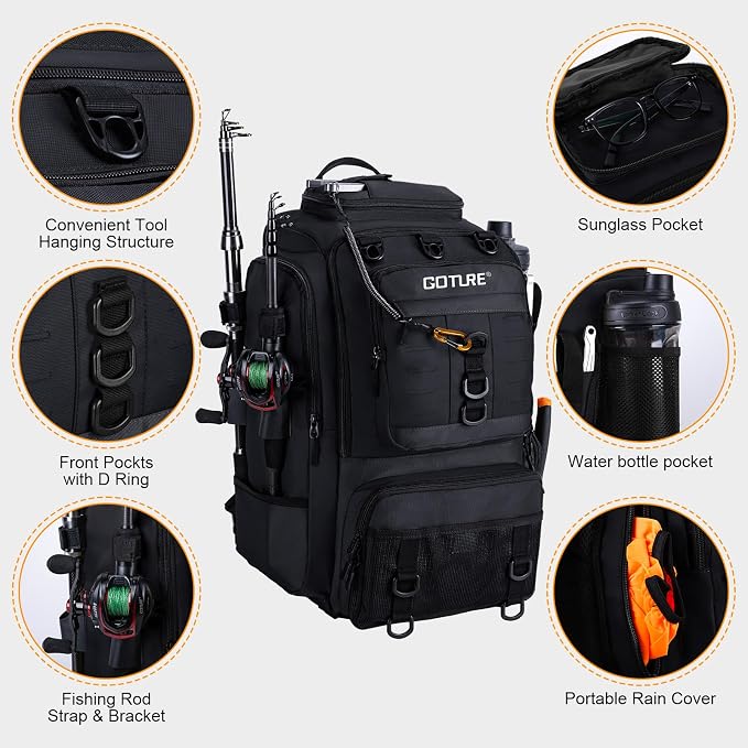 Goture 40L Fishing Tackle Backpack Black, Water-Resistant Fishing Bag with Cooler Compartment & Rain Cover for Saltwater