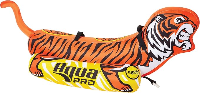 Aqua Pro Giant Towable Tiger Tube, 1-2 Riders, Double-Pontoon Inflatable Tiger Boat Tube, Orange/Yellow