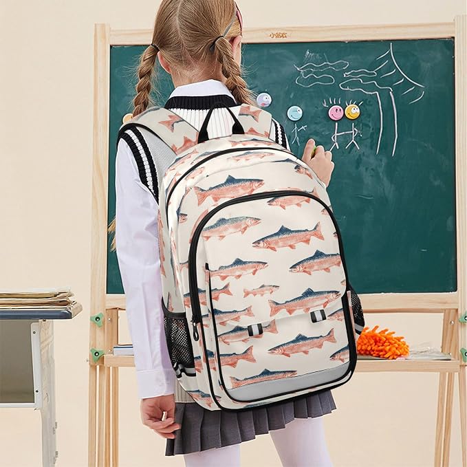 Fisyme Sea Vintge Salmon Fish School Backpack Laptop Backpacks Bags Bookbag Travel Casual Computer Notebooks Daypacks