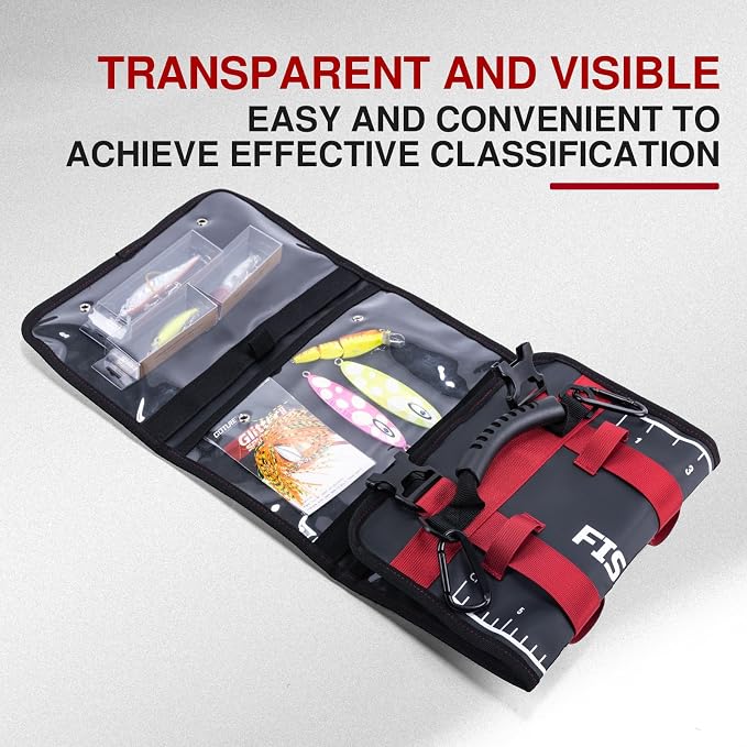 Goture Fishing Tackle Bag Roll Up Lure Wrap Soft Plastic Bait Storage with Drain Holes Measure Scale, 600D Water Repellent Jig Pouch Organizer for Saltwater Boat Gear