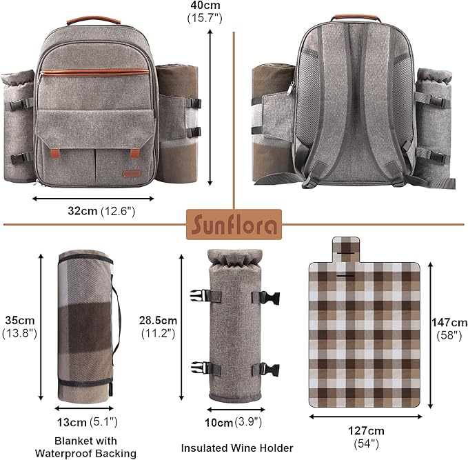 Sunflora Insulated Picnic Backpack for 2 Person Bag with Cooler Compartment, Blanket and Stainless Steel Cutlery Set for Couple, Lovers and Friends (Brush Beige)
