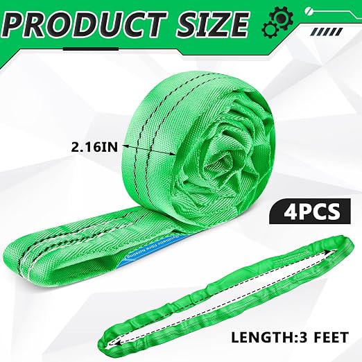 Fabbay 4 Pcs 3.3 Feet Heavy Duty Polyester Endless Loop Round Lift Slings Lifting Straps for Hoist Towing Moving Furniture Rigging Equipment, 5300 lb Vertical 4200 lb Choker 10600 Lbs Basket(Green)