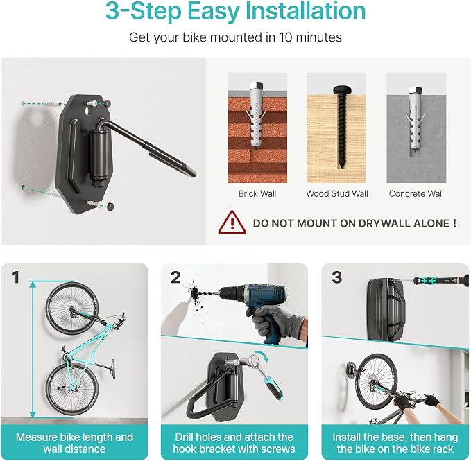 PEGZONE Swivel Bike Wall Mount, Heavy Duty Vertical Bike Rack with Fixed Hooks for Garage Storage, Wall Mounted Bicycle Hangers Holds up to 77 lbs for Indoor, 4 Pack