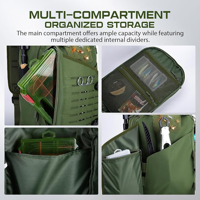 Goture Green Tackle Bag with 3600 Trays, Rod Holder 900D Fishing Tackle Storage Bag for Kayak, Shore Fishing