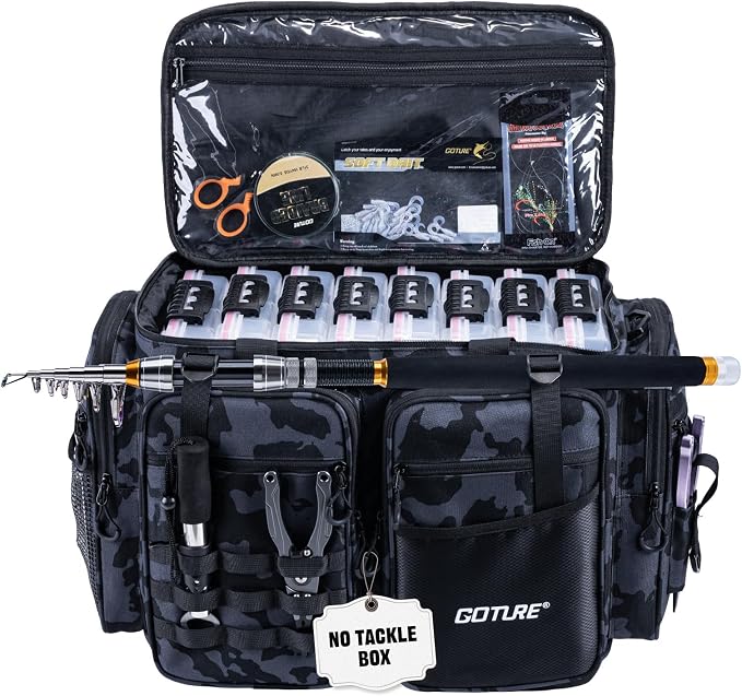Goture Large Tackle Bag,Store Up to 8PCS 3700 Plus 4PCS 3600 Tackle Trays(Not Included),Water Resistant Saltwater Gear Storage Big Fishing Bag with EVA Bottom,Gifts for Men(21.65"x11.8"x15.16")