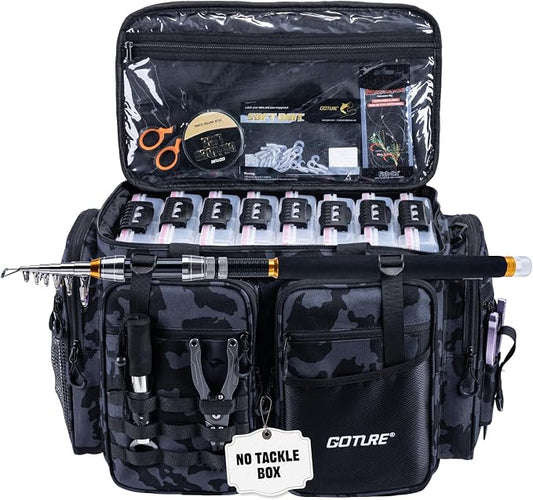 Goture Large Tackle Bag,Store Up to 8PCS 3700 Plus 4PCS 3600 Tackle Trays(Not Included),Water Resistant Saltwater Gear Storage Big Fishing Bag with EVA Bottom,Gifts for Men(21.65"x11.8"x15.16")