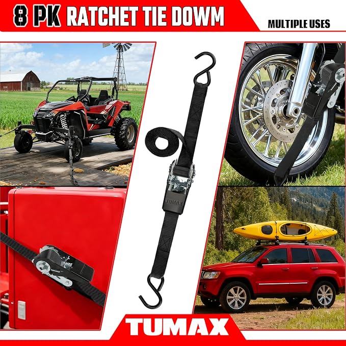 Ratchet Straps, 900 LB Break Strength, 8-Pack 10FT Ratchet Tie Down Straps Set for Motorcycle Straps Tie Downs, Appliances, Lawn Equipment, Logistic Cargo Straps for Trucks (Black)