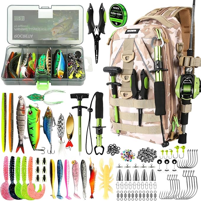 Fishing Backpack with Tackle Boxes,Fishing Lure Kit and Tool | Waterproof Fishing Tackle Bag With Rod Holder, Sling Backpack wtih Fishing Gear, Fishing Gifts for Men Woman Anglers