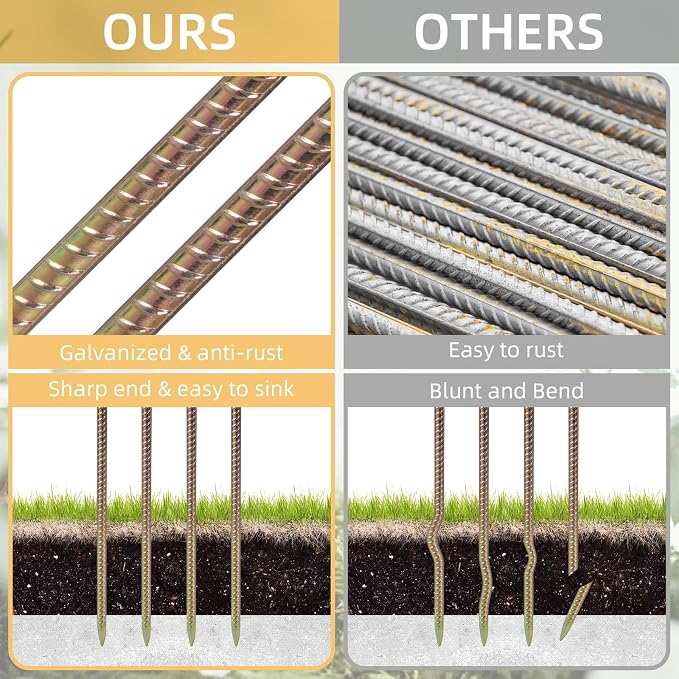 16 Inch Rebar Stakes, 1/2 Inch Diameter Galvanized Steel Ground Anchors, Heavy Duty Metal Spikes for Speed Bump, Wheel Stop, Parking Curb and Tent (24 Pack, Golden)