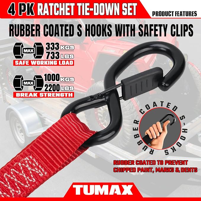 4Pcs Ratchet Tie Down Straps for 2200lb Break Strength, 1” x 15FT Tie Down Straps with Soft Loop & Safety S Hook - Cargo Strap Tie Down for Trucks, Motorcycle, Moving, Appliances, Red