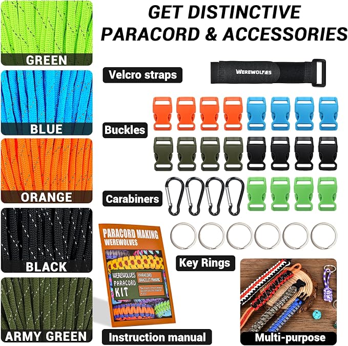 WEREWOLVES 550 Paracord Kits 100ft Each Color - 5 Colors Parachute Cord Combo 7 Strand Type III Parachute Cord 4mm for Crafting, Dog Collar, Survival Bracelets
