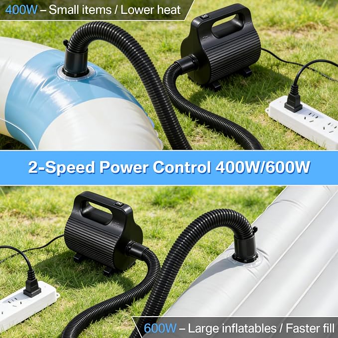 CZGBRO Electric Air Pump for Inflatables Tumble Track Pool Gymnastics Mat Floats Dock Raft, Adjustable 400W/600W Air Mattress Pump Quick Fill Inflator/Deflator 110-120V AC, 4 Nozzles