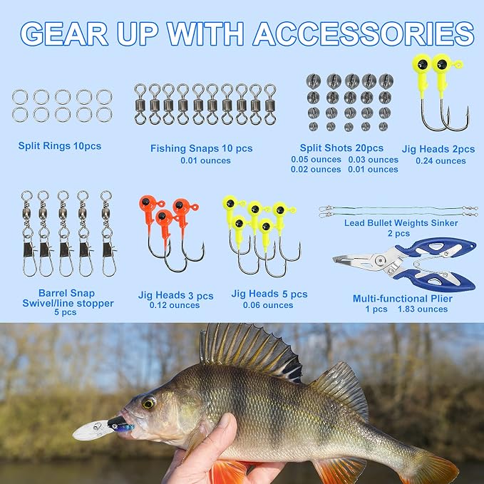 Fishing Lures Tackle Box Bass Kit with Plier,Saltwater & Freshwater Baits | 1.Suitable for beginners and gifts for kids 2.experiment with different techniques 3.Easy to store and transport your gear
