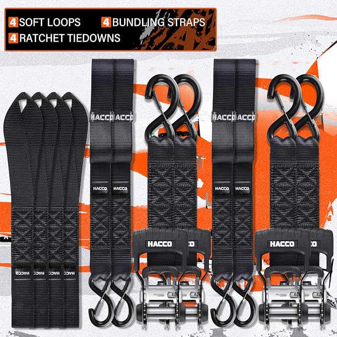 HACCOPLANET Ratchet Straps, 5280lb Break Strengeth, 1.6" Heavy Duty Ratchet Tie Down Strap Set w/Padded Handle, S Hook, Soft Loop for UTV Motorcycle Truck Cargo Straps (Black, 16FT)